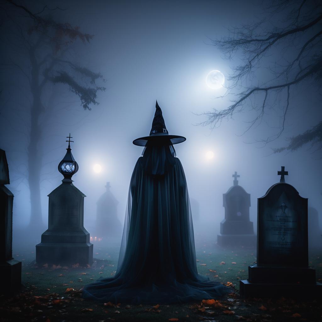 Eerie Ghost in Foggy Graveyard Scene