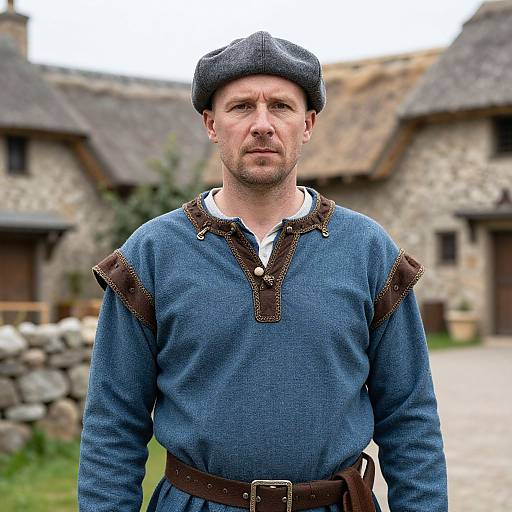 Photograph of a serious, bearded man in medieval attire: blue wool tunic, brown leather shoulder straps, cap, standing in front of rustic