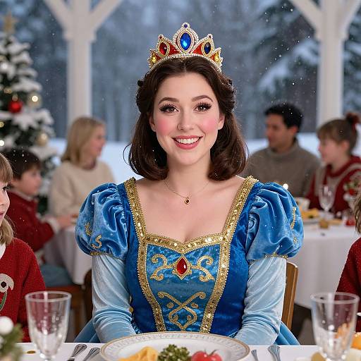 Photograph of a smiling young woman with fair skin, dark brown hair, wearing a blue and gold princess dress with a jeweled tiara, seated