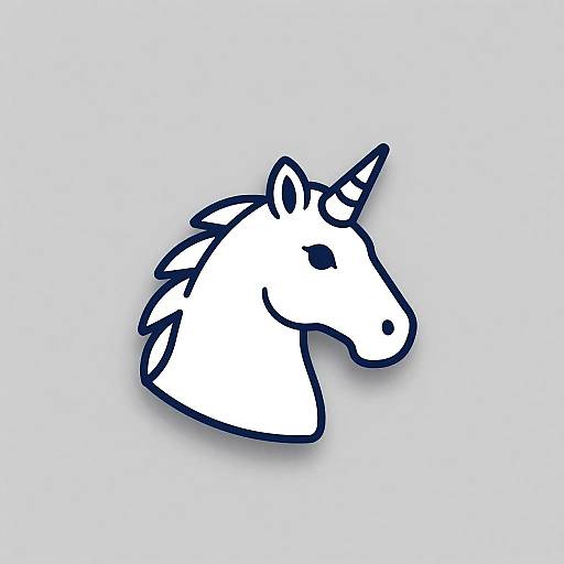 Minimalist digital drawing of a white unicorn head with a blue outline, featuring a single horn and simple, black eye.