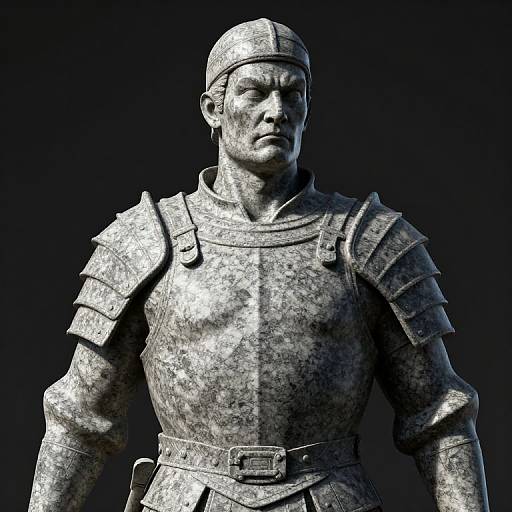 CGI digital render of a muscular, armored male warrior with a stern expression, wearing a metal helmet and detailed medieval armor. Dark blue gradient background.