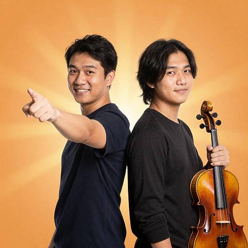 Two Asian Men Back-to-Back with Violin