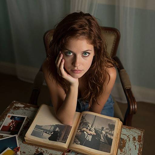 Photograph of a young woman with wet, wavy brown hair, green eyes, and blue denim top, resting her chin on her hand, looking