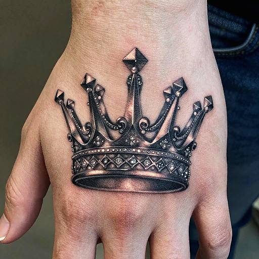 Photograph of a tattooed hand with a detailed, black, ornate crown tattoo on the wrist, featuring diamond patterns and pointed tips.
