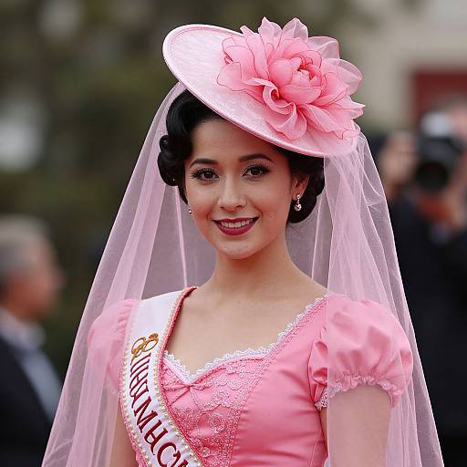 Photograph of an Asian woman in a pink dress and veil, adorned with a large pink flower hat, smiling at a beauty pageant. Blurred
