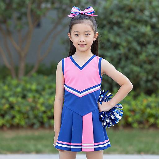 Photograph of an Asian girl with long black hair in a blue and pink cheerleading outfit, holding blue and white pom-poms, outdoors with green
