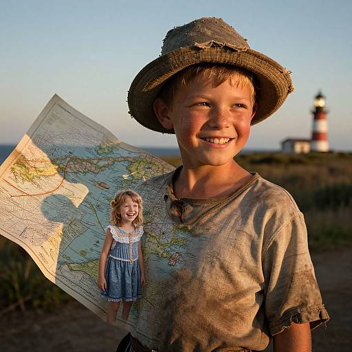 Photograph of a smiling young boy in a worn hat and tattered shirt, holding a map with a smaller girl's image, against a sunset-l