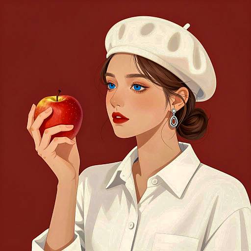 Illustration of Woman with Apple and White Beret