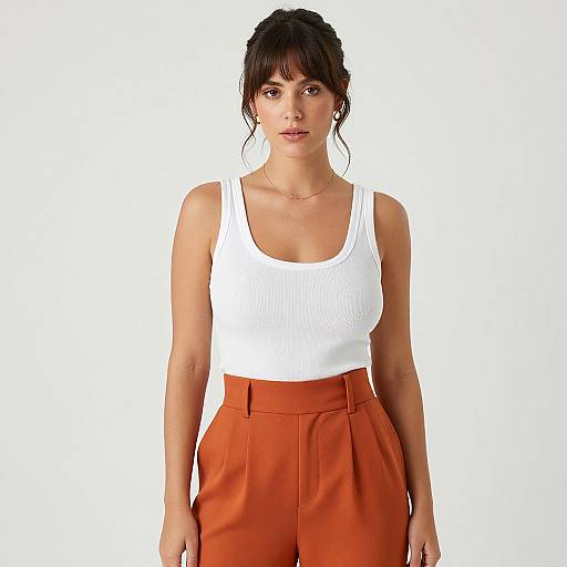 Photograph of a young woman with dark hair in a bun, wearing a white ribbed tank top and high-waisted orange pants, standing against