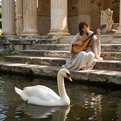 Photograph of a bearded man with long brown hair playing a lute, seated on stone steps beside a white swan in a reflective pond,