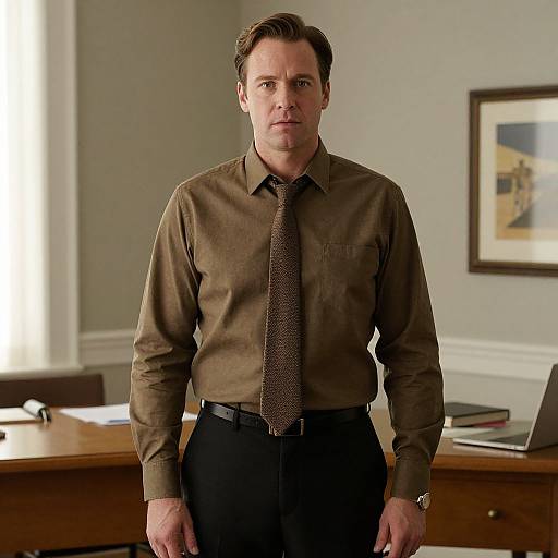 Photograph of a serious, middle-aged white man with short brown hair, wearing a brown shirt and patterned tie, standing in a dimly lit