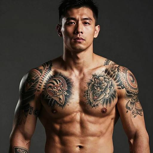 Photograph of a muscular, tattooed Asian man with short black hair, shirtless, showcasing intricate chest and shoulder tattoos against a dark background.