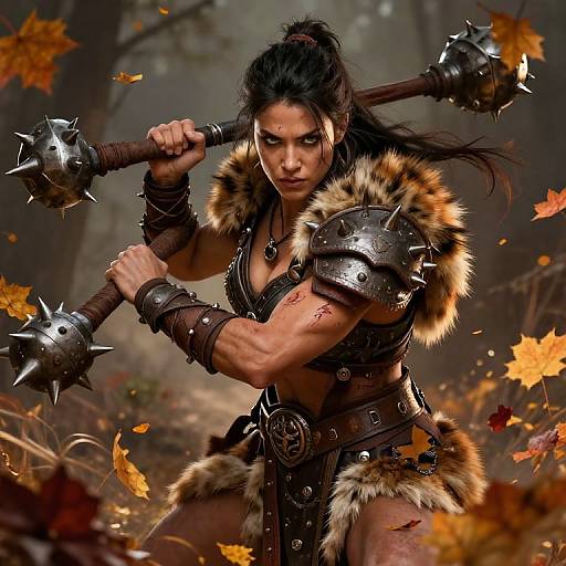 Digital art of a fierce, muscular woman with dark hair, wielding a spiked mace, wearing fur armor, amidst autumn leaves in a forest.
