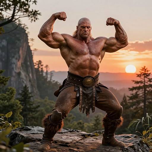 Muscular bald man with long hair, flexing arms, wearing primitive leather and fur attire, stands on rocky mountain ledge at sunset. Photograph.