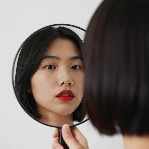 Photograph of an Asian woman with black bob haircut, red lipstick, looking into a handheld circular mirror against a white background.