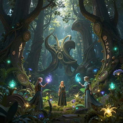 Magical forest scene: three women in flowing robes, glowing orbs, ancient wood creature, ethereal lighting, glowing flowers, tall trees, mystical ambiance