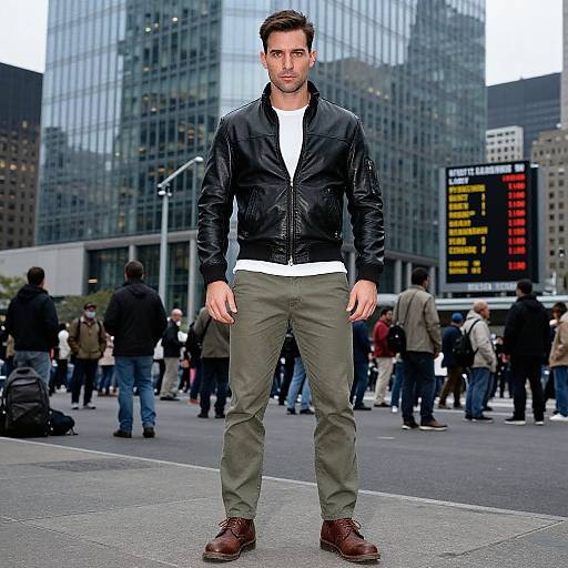 Photograph of a handsome, dark-haired man in a black leather jacket, white shirt, olive pants, and brown shoes, standing in a busy urban