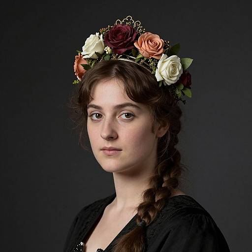 Photograph of a young woman with fair skin, dark brown hair in a braid, wearing a floral crown with white, pink, and red roses
