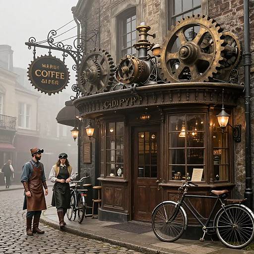 Steampunk-style photograph of a vintage coffee shop with large gears, wooden sign, cobblestone street, Victorian pedestrians, and a vintage bicycle.