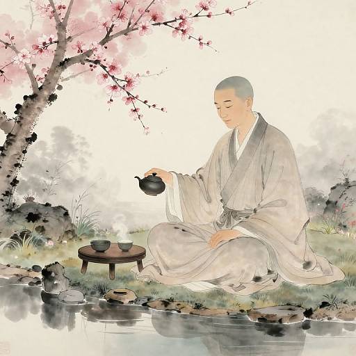 Digital illustration of a bald, serene monk in white robes, sitting by a tranquil pond, pouring tea from a black teapot. Cherry blossoms bloom
