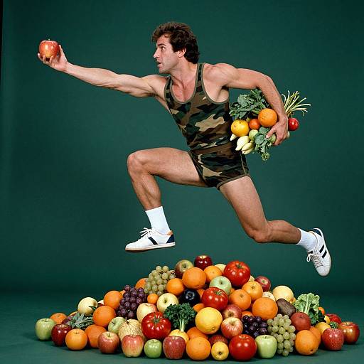 Photograph of a muscular man in camouflage tank top and shorts, jumping over a colorful pile of fruits and vegetables. He holds more produce in his right