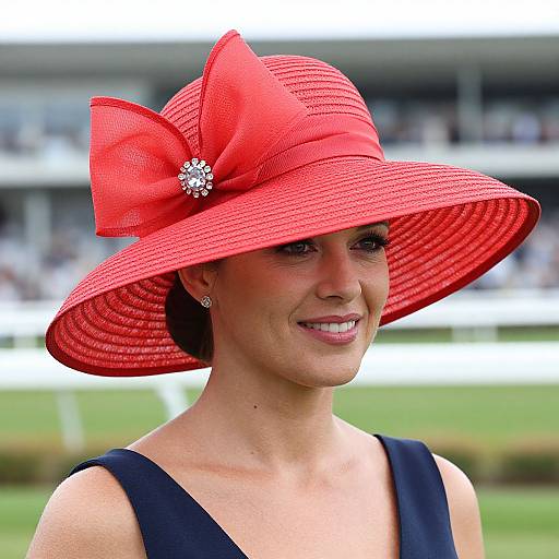 Photograph of a smiling woman in a large, vibrant red hat with a bow and silver embellishment, wearing a black sleeveless dress, outdoors in