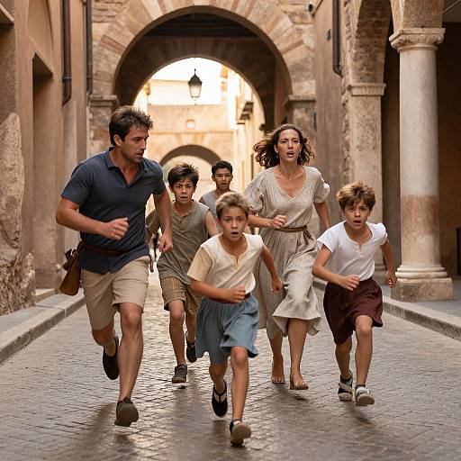 Photograph of a family of five—father, mother, and three children—running down a cobblestone alleyway with an arched stone entrance