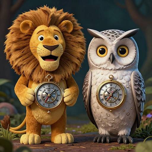 Digital illustration of a cute, cartoon lion and owl standing in a forest, both holding compasses with round, detailed dials.