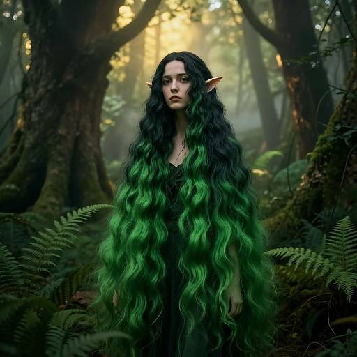 Digital artwork of a pale, dark-haired elf with long, wavy green and black hair, standing in a misty forest, sunlight filtering through trees
