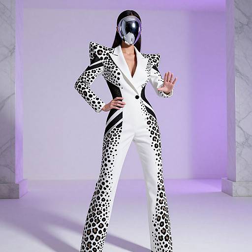 Photorealistic CGI of a masked, long-haired woman in a white, black-spotted jumpsuit, standing in a white, marble-columned room