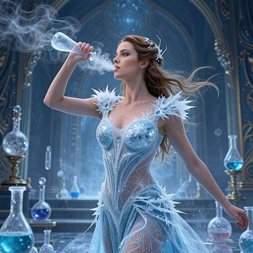 Digital art of a fair-skinned woman with flowing brown hair, wearing a sparkling blue, ice-like dress, drinking from a glass vial in a