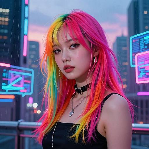 Neon-lit cityscape photograph of an Asian woman with vibrant rainbow hair, black choker, and sleeveless top, standing under rain.