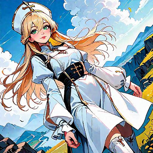 Anime Priestess in White Dress Outdoors