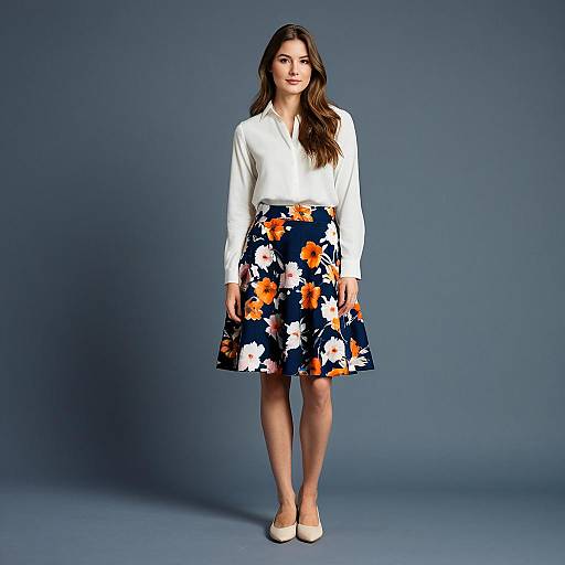 Woman in White Blouse and Floral Skirt