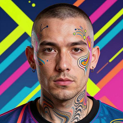 Photograph of a tattooed, short-haired man with colorful face paint and neck tattoos, wearing a dark shirt, against a vibrant, neon background.