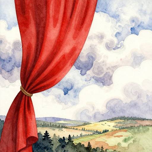 Watercolor painting of a red curtain opening to reveal a cloudy sky over rolling hills and dense greenery.