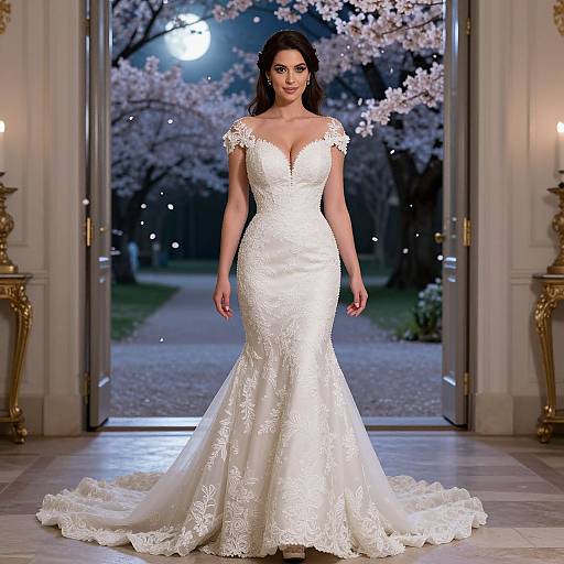Photograph of a beautiful brunette woman in an elegant white lace mermaid-style wedding dress with off-the-shoulder sleeves, standing in front of a
