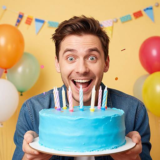 Photograph of a smiling man with brown hair, wearing a denim shirt, holding a blue-frosted cake with multiple candles, against a yellow wall