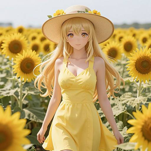 Anime-style drawing of a blonde woman in a yellow sundress and straw hat, standing in a sunflower field, with sunflowers in the background.
