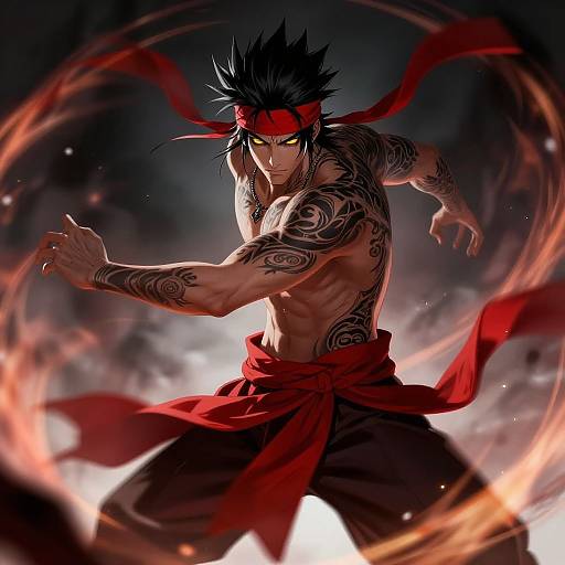 Muscular, tattooed male warrior with spiky black hair, red headband, and sash, surrounded by fiery energy, poised for battle.