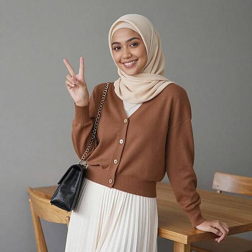 Smiling Woman in Beige Hijab Peace Sign