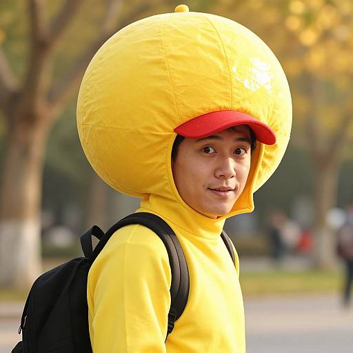 Photograph of a young boy with medium skin tone, wearing a bright yellow Pikachu costume and red hat, black backpack, smiling outdoors in a park.
