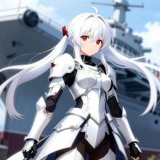 Digital anime-style drawing of a white-haired, red-eyed female warrior in white and black armor, standing in front of a large ship. Bright, vivid