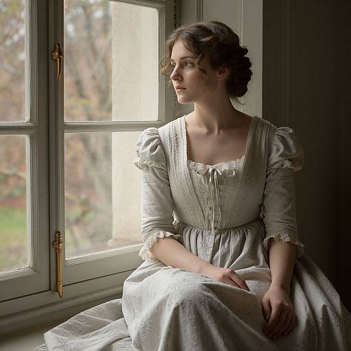 Photograph of a fair-skinned woman with dark hair, wearing a white, Victorian-style dress, sitting by a sunlit window, gazing outside