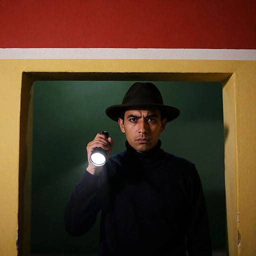 Mysterious Man in Doorway with Flashlight