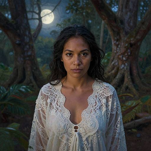 Photograph of a woman with dark curly hair, wearing a white lace blouse with a deep V-neck, standing in a moonlit forest with large trees