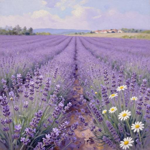 Photograph-style digital painting of a vibrant lavender field with rows of purple flowers, dotted with white daisies, under a bright blue sky with scattered