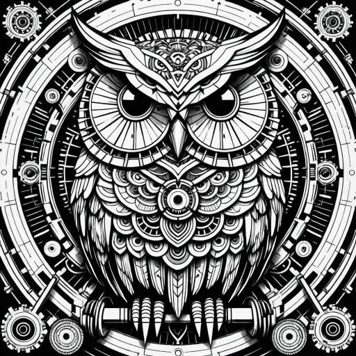 Mechanical Owl Mandala Line Art