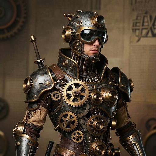 Cyborg soldier with steampunk armor, brass gears, black goggles, and metallic helmet; industrial background with gears and texts. Digital art.