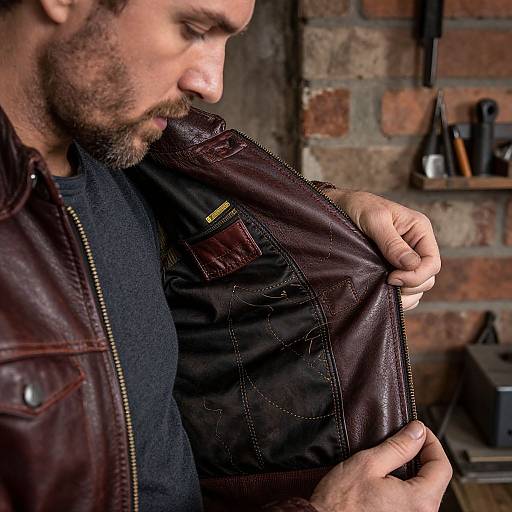 Photograph of a bearded man in a black shirt, inspecting a dark brown leather jacket with visible stitching, in a rustic brick-walled room